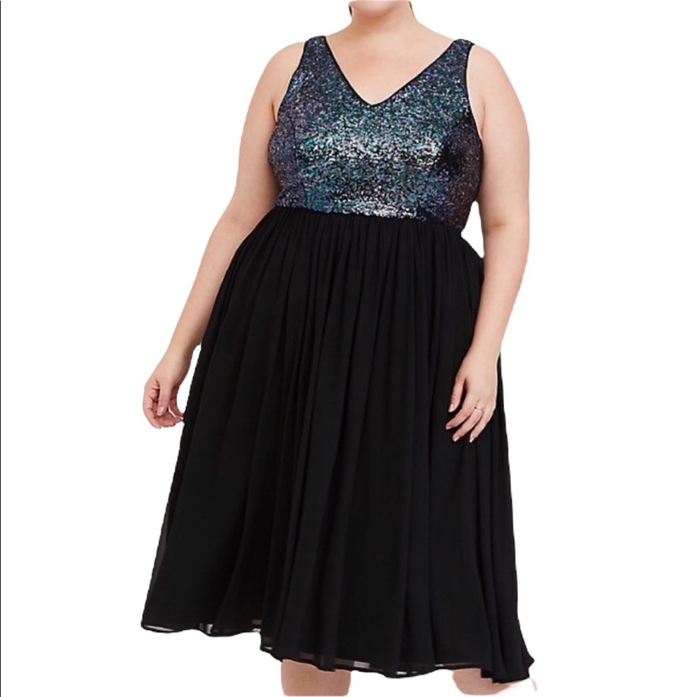 Torrid Sequin V Neck Chiffon Sleeveless Party Fit & Flare Midi Skater Dress